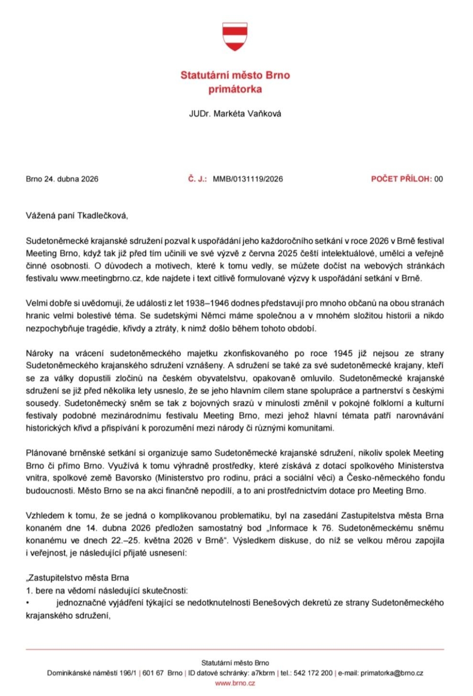 Vyjádření JUDr. Vaňkové ke sjezdu Sudetoněmeckého Landsmanšaftu