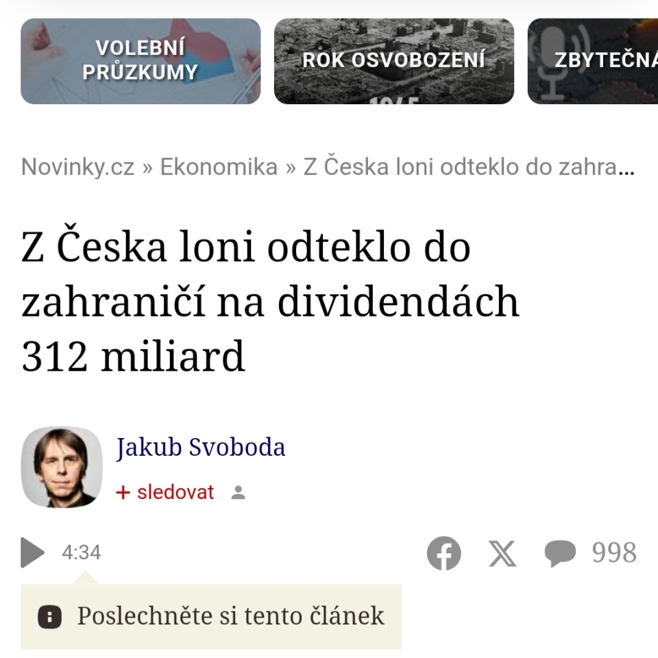 https://www.novinky.cz/clanek/ekonomika-z-ceska-loni-odteklo-do-zahranici-na-dividendach-312-miliard-40513110?fbclid=IwY2xjawJpqOxleHRuA2FlbQIxMQABHjDbgPiBYaXb9Q5C6yrRbqhCA8HbQxdmHsYDfwybA_HNP3OUkSnPtOM_PbD7_aem_tWkxwOXsZD6uhNqc9KfzwA#dop_ab_variant=0&dop_source_zone_name=novinky.sznhp.box&source=hp&seq_no=3&utm_campaign=abtest244_hpdop_comments_varC&utm_medium=z-boxiku&utm_source=www.seznam.cz