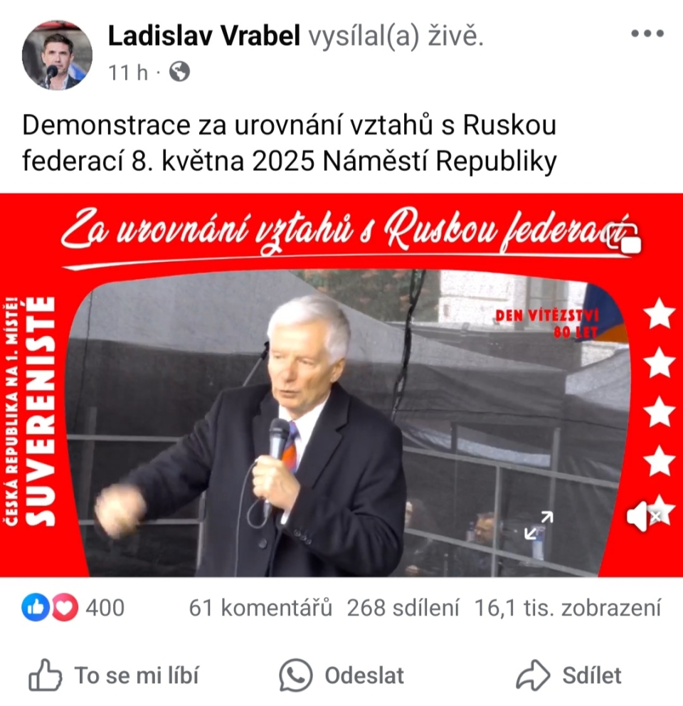https://www.facebook.com/share/v/19DTNhfiPa/Demonstrace za urovnání vztahů s Ruskou federací 8. května 2025 Náměstí Republiky !!!